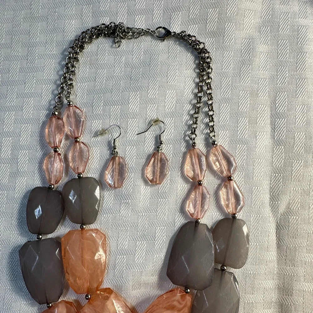 Pink & Grey Double Strand Stone Necklace Set - Picture 3 of 5